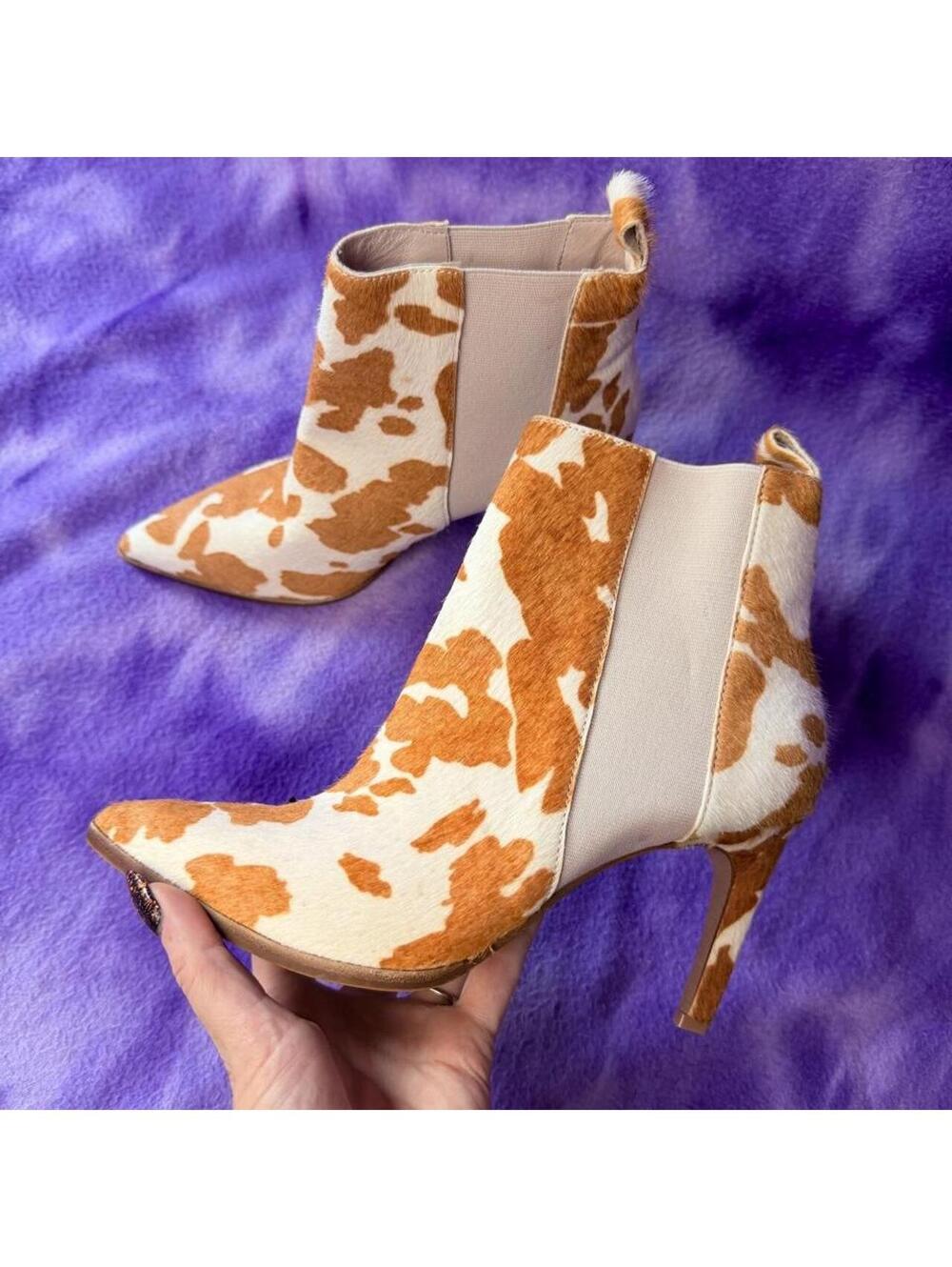 42 Gold white and tan cow print leather ankle boots